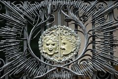 19-3 Iron Railings And The Two Masks Associated With Comedy and Tragedy Close Up On The Exterior Of The Players Club Near Union Square Park New York City.jpg